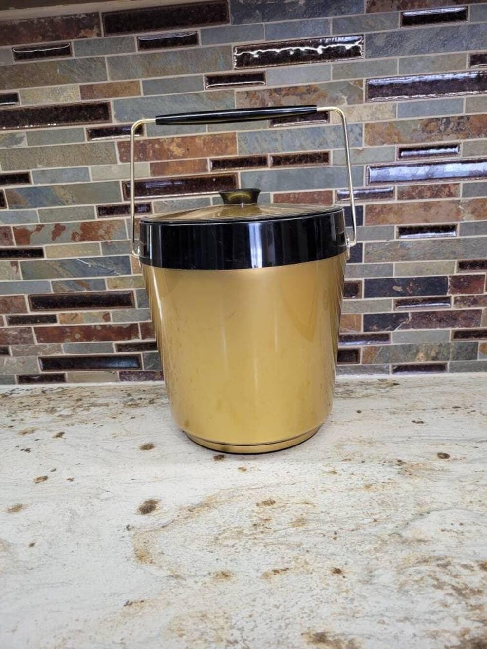 Vintage West Bend Thermo Serv Ice Bucket MCM Gold Black Atomic Retro Barware